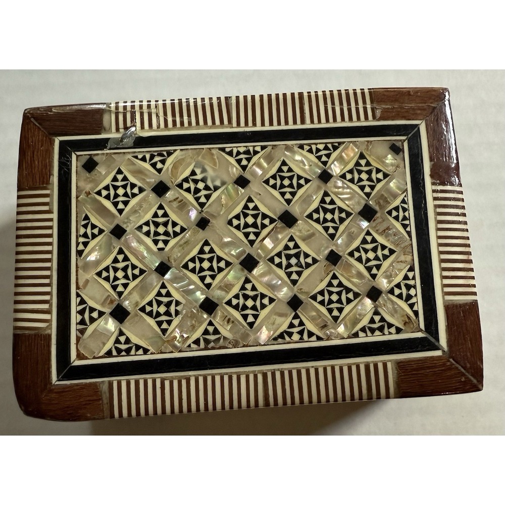 Egyptian Mosaic Mother of Pearl Inlaid Wood Jewelry Trinket Box - Vintage